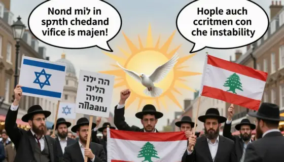 A symbolic collage representing British wartime tensions, Haredi Jewish protests, Lebanese criticism, and hopeful news: a divided scene showing a London street with subtle WWII-era imagery on one side, a group of Haredi Jews peacefully demonstrating with signs in Hebrew and English on another, a Lebanese flag with a speech bubble expressing concern over regional instability, and a rising sun or dove of peace in the center symbolizing hope — all rendered in a cohesive, realistic style without tex