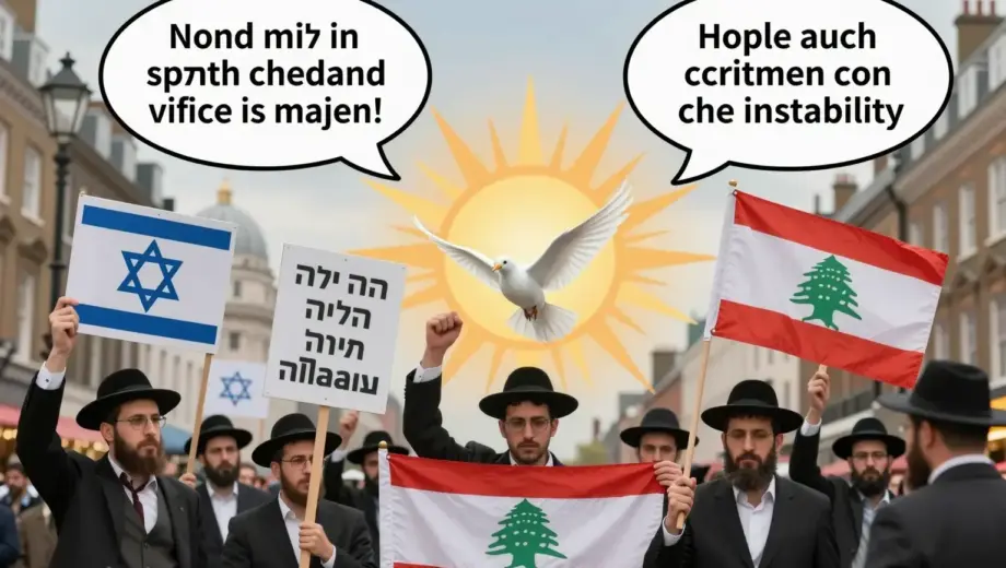 A symbolic collage representing British wartime tensions, Haredi Jewish protests, Lebanese criticism, and hopeful news: a divided scene showing a London street with subtle WWII-era imagery on one side, a group of Haredi Jews peacefully demonstrating with signs in Hebrew and English on another, a Lebanese flag with a speech bubble expressing concern over regional instability, and a rising sun or dove of peace in the center symbolizing hope — all rendered in a cohesive, realistic style without tex
