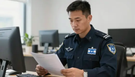 A professional intelligence officer in a modern office setting, reviewing documents with a subtle Israeli flag pin on lapel, soft natural lighting, realistic details, no visible weapons or aggressive symbols