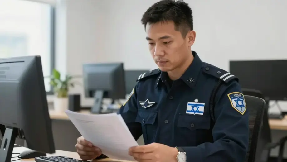 A professional intelligence officer in a modern office setting, reviewing documents with a subtle Israeli flag pin on lapel, soft natural lighting, realistic details, no visible weapons or aggressive symbols