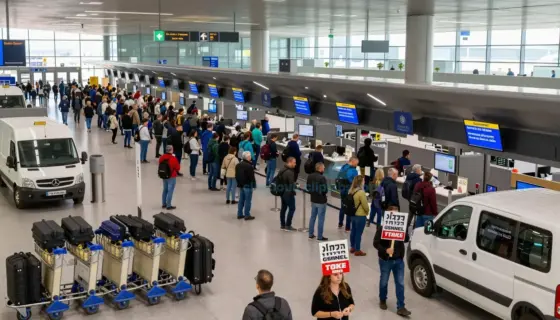 A crowded Ben Gurion Airport terminal during peak travel season, showing long queues of passengers at check-in counters and security checkpoints, with visible signs of a strike such as idle baggage carts, grounded service vehicles, and airport staff holding protest signs in Hebrew and English, under bright daylight with realistic lighting and detailed textures