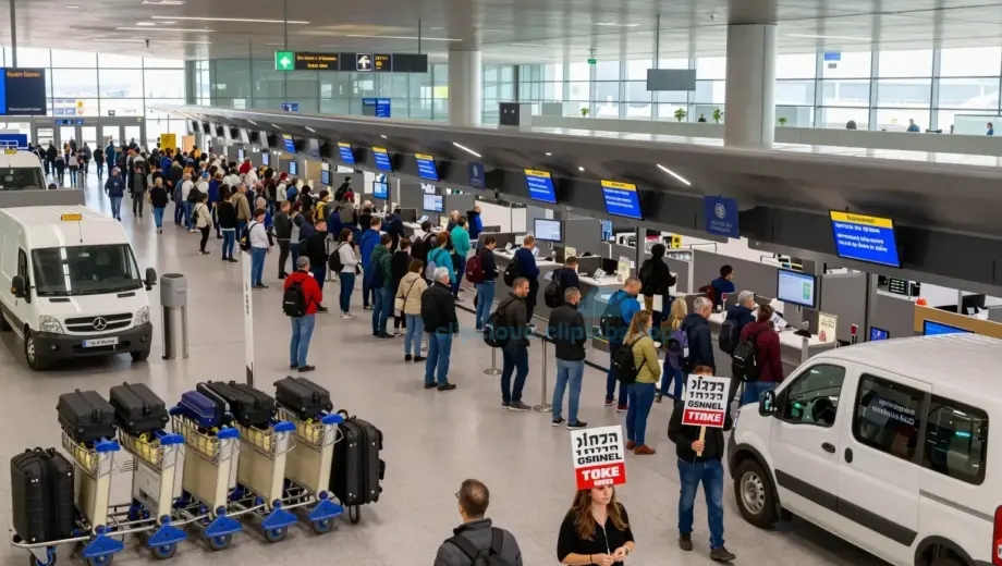 A crowded Ben Gurion Airport terminal during peak travel season, showing long queues of passengers at check-in counters and security checkpoints, with visible signs of a strike such as idle baggage carts, grounded service vehicles, and airport staff holding protest signs in Hebrew and English, under bright daylight with realistic lighting and detailed textures