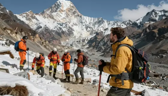 A missing Israeli hiker in Nepal's mountainous terrain, with a British activist searching nearby and rescue teams preparing to locate them, set in dramatic Himalayan scenery