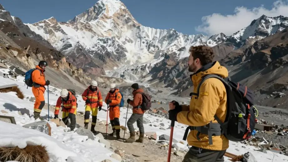 A missing Israeli hiker in Nepal's mountainous terrain, with a British activist searching nearby and rescue teams preparing to locate them, set in dramatic Himalayan scenery