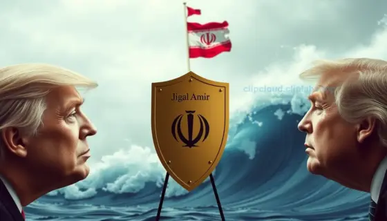 A symbolic image representing the geopolitical tension between the United States (Trump-era foreign policy) and Iran, with a subtle visual metaphor of a shield or defense mechanism labeled 'Jigal Amir' (interpreted as a symbolic or allegorical figure of protection) standing between them, and in the background, a massive, rising wave or surge representing 'rekordméretű kiván' (record-breaking demand or aspiration), possibly depicted as a towering wave of energy, flags, or abstract economic/politi