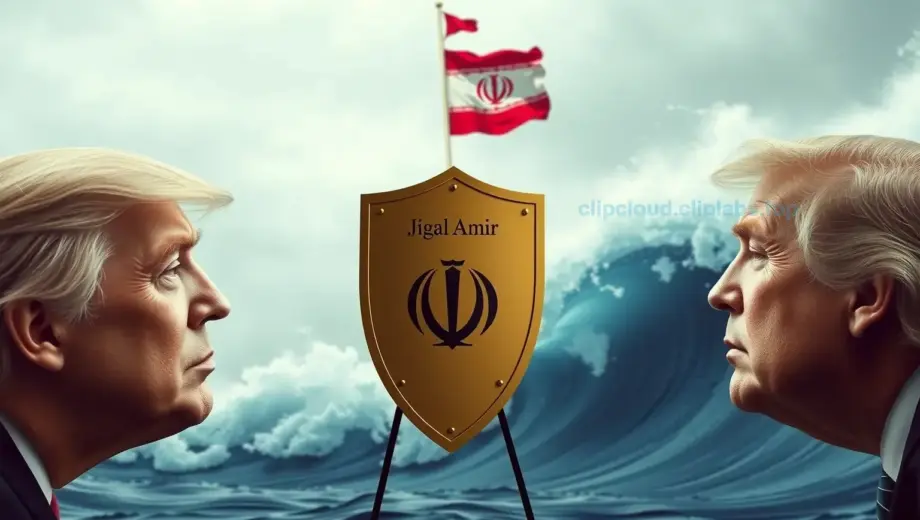 A symbolic image representing the geopolitical tension between the United States (Trump-era foreign policy) and Iran, with a subtle visual metaphor of a shield or defense mechanism labeled 'Jigal Amir' (interpreted as a symbolic or allegorical figure of protection) standing between them, and in the background, a massive, rising wave or surge representing 'rekordméretű kiván' (record-breaking demand or aspiration), possibly depicted as a towering wave of energy, flags, or abstract economic/politi