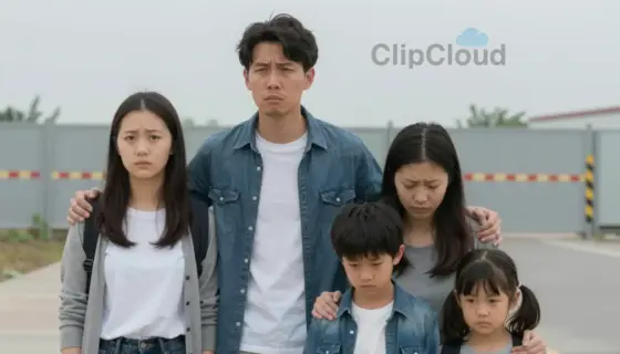 A tense scene showing a family in distress near a border area, with subtle signs of tension and uncertainty, set against a neutral landscape with distant fences or checkpoints, conveying emotional weight without explicit violence or text