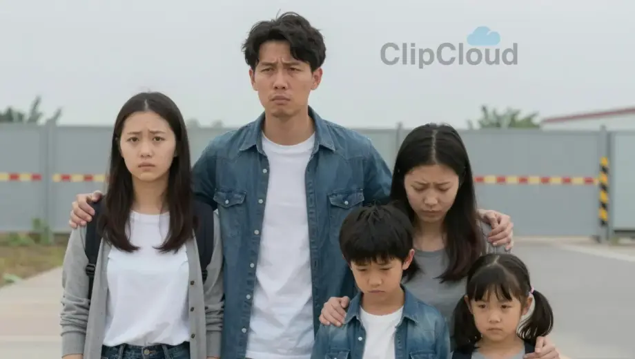 A tense scene showing a family in distress near a border area, with subtle signs of tension and uncertainty, set against a neutral landscape with distant fences or checkpoints, conveying emotional weight without explicit violence or text