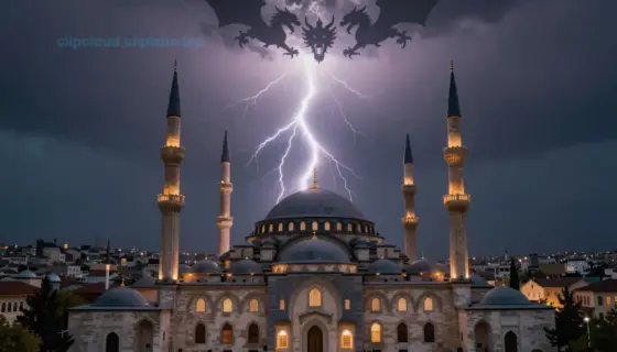 A dramatic fantasy scene featuring lightning strikes illuminating ancient Turkish-style architecture with dragon silhouettes soaring above, set against a stormy sky over a historic cityscape, evoking themes of power, myth, and cultural legacy