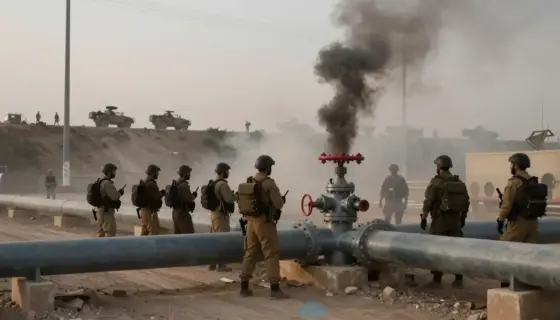 A tense scene at a gas pipeline border crossing with armed Hezbollah fighters blocking the passage, damaged infrastructure, smoke rising from a sabotaged valve, and distant Israeli military vehicles observing from a hill, under a dusty twilight sky