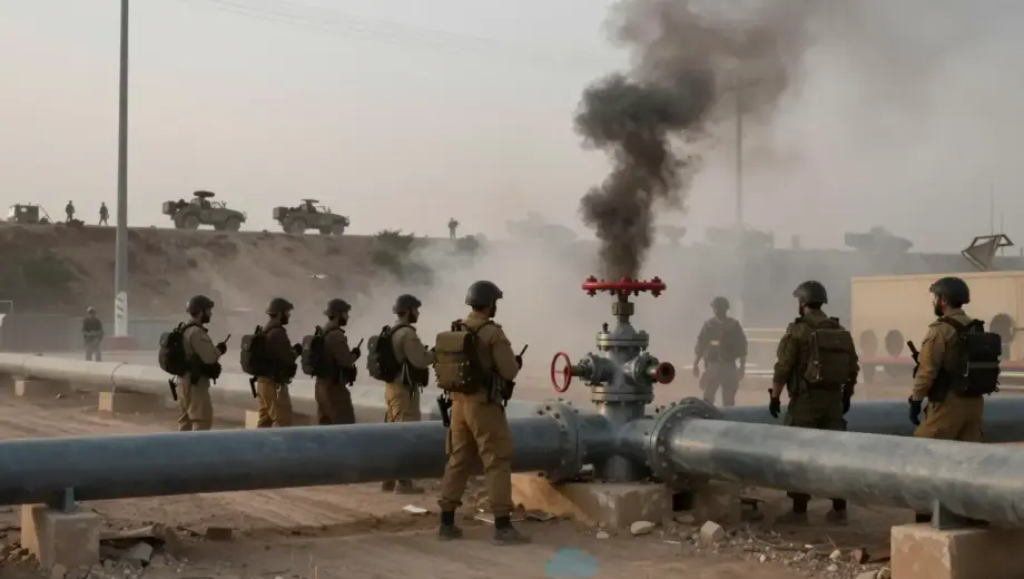 A tense scene at a gas pipeline border crossing with armed Hezbollah fighters blocking the passage, damaged infrastructure, smoke rising from a sabotaged valve, and distant Israeli military vehicles observing from a hill, under a dusty twilight sky