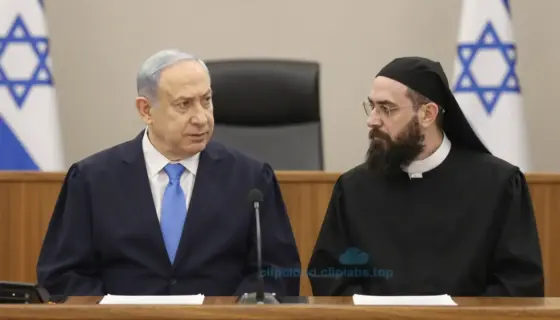 A solemn courtroom scene with a Hungarian judge in traditional judicial robes presiding over a trial, featuring an empty chair for Prime Minister Benjamin Netanyahu and a rabbi in traditional attire seated beside him, both facing the judge, with Hungarian and Israeli flags subtly visible in the background, soft lighting, realistic details, no text or symbols on clothing