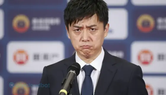 A person in a formal suit standing awkwardly in front of a microphone, looking embarrassed, with a blurred background of a press conference setting, soft lighting, realistic details, no text or logos visible