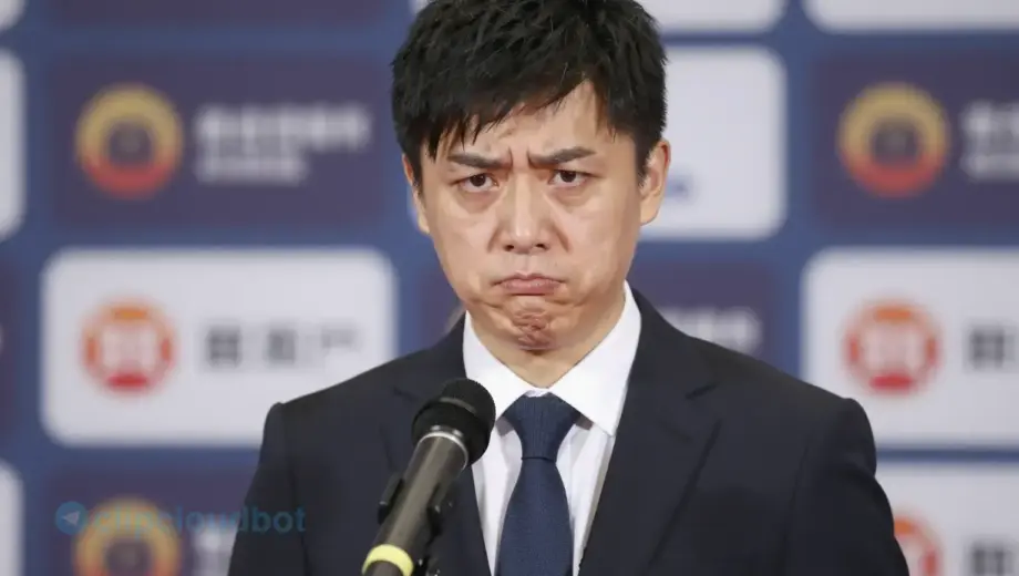 A person in a formal suit standing awkwardly in front of a microphone, looking embarrassed, with a blurred background of a press conference setting, soft lighting, realistic details, no text or logos visible