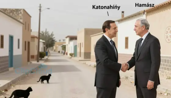 A symbolic image representing a shortage of cats (Katonahiány) in rural areas, a meeting between Kushner and Hamász, and Moroccan cultural elements, blending abstract concepts: empty village streets with missing cats, a stylized handshake between two figures labeled Kushner and Hamász, and subtle Moroccan patterns or architecture in the background, all in a cohesive, metaphorical composition