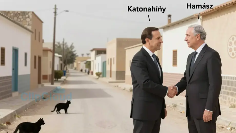 A symbolic image representing a shortage of cats (Katonahiány) in rural areas, a meeting between Kushner and Hamász, and Moroccan cultural elements, blending abstract concepts: empty village streets with missing cats, a stylized handshake between two figures labeled Kushner and Hamász, and subtle Moroccan patterns or architecture in the background, all in a cohesive, metaphorical composition