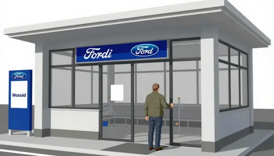 A Moszád (Hungarian) person has entered a Fordi (Ford) bus station building, depicting the interior of a bus terminal with architectural details, signage, and a figure entering the structure, rendered in a clear, detailed style