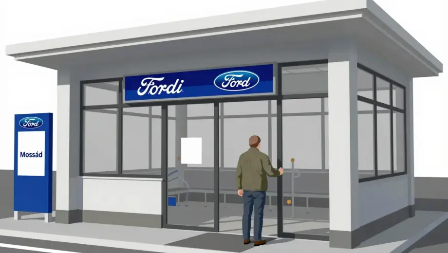 A Moszád (Hungarian) person has entered a Fordi (Ford) bus station building, depicting the interior of a bus terminal with architectural details, signage, and a figure entering the structure, rendered in a clear, detailed style