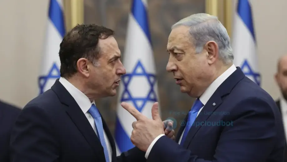 A dramatic political scene showing Israeli National Security Minister Itamar Ben-Gvir confronting or gesturing aggressively toward Israeli Prime Minister Benjamin Netanyahu, with a background suggesting tension or protest, possibly including blurred figures of Israeli flags or a government building interior. The atmosphere is intense and charged, reflecting a public rebuke or accusation related to ISIS-linked threats against Israelis.