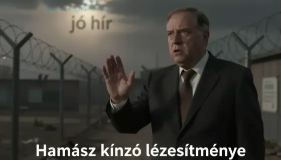 A somber, symbolic scene depicting a harsh facility with barbed wire and dim lighting, representing the suffering described in 'Hamász kínzó létesítménye'; in the foreground, a concerned figure resembling a public official (inspired by Huckabee) issuing a warning gesture; in the background, a faint glimmer of light breaking through clouds, symbolizing hope and 'jó hír' (good news); the atmosphere is tense yet cautiously optimistic, with muted earth tones and subtle contrasts