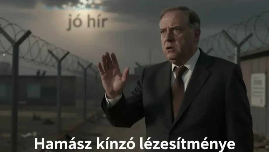 A somber, symbolic scene depicting a harsh facility with barbed wire and dim lighting, representing the suffering described in 'Hamász kínzó létesítménye'; in the foreground, a concerned figure resembling a public official (inspired by Huckabee) issuing a warning gesture; in the background, a faint glimmer of light breaking through clouds, symbolizing hope and 'jó hír' (good news); the atmosphere is tense yet cautiously optimistic, with muted earth tones and subtle contrasts
