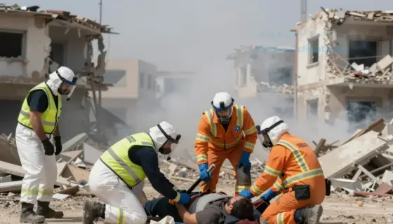 Israeli emergency medical teams working at a disaster site with damaged buildings and smoke in the background, wearing protective gear and assisting injured civilians, realistic daylight scene, high detail, no text or symbols
