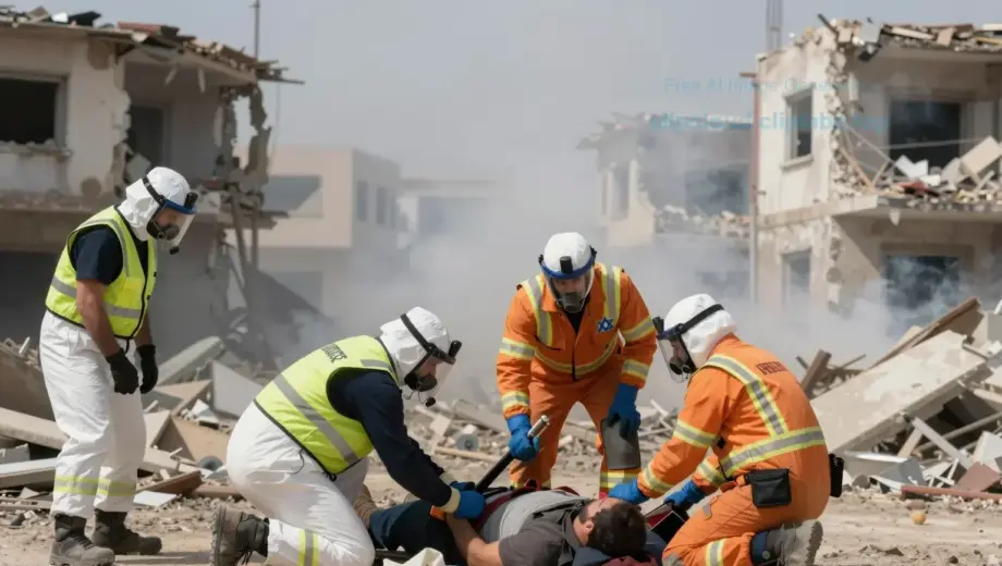 Israeli emergency medical teams working at a disaster site with damaged buildings and smoke in the background, wearing protective gear and assisting injured civilians, realistic daylight scene, high detail, no text or symbols