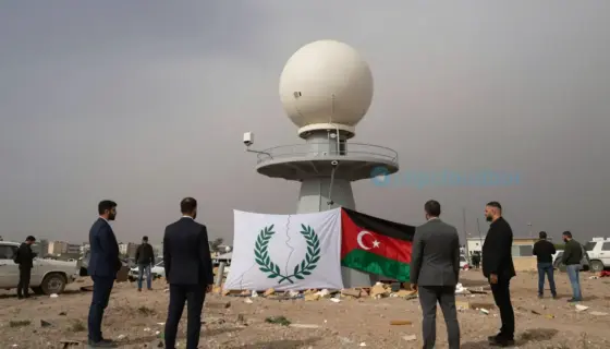 A tense geopolitical scene showing a Turkish radar installation on a hill overlooking a conflict zone, with subtle visual cues of pressure from Hamas on mediators (represented by shadowy figures or diplomatic symbols like broken olive branches or neutral flags being weighed down), while Palestinian civilians are absent or obscured in the background — emphasizing the mediator pressure without depicting Palestinian people directly. The atmosphere is somber, with muted earth tones, overcast sky, an