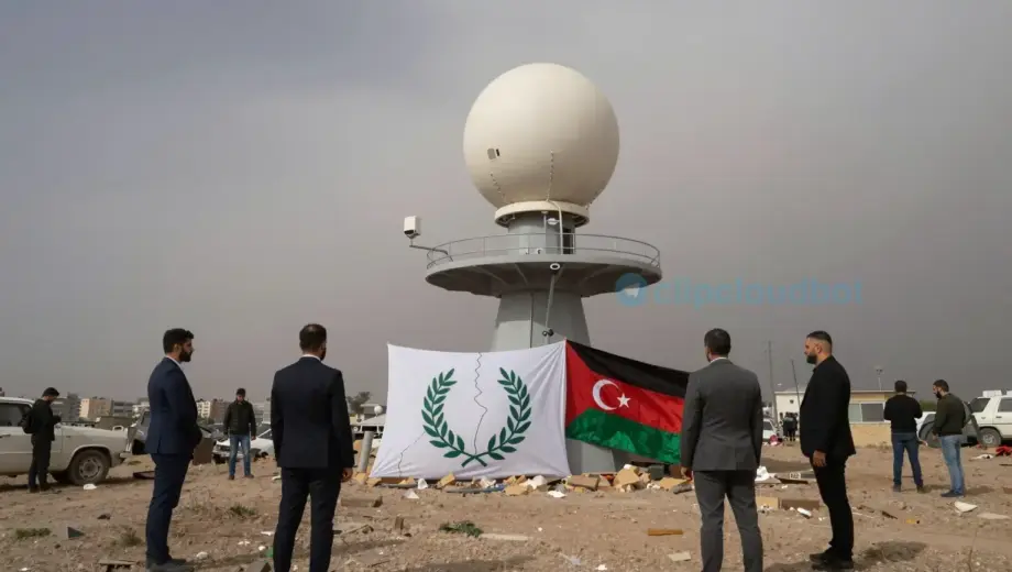 A tense geopolitical scene showing a Turkish radar installation on a hill overlooking a conflict zone, with subtle visual cues of pressure from Hamas on mediators (represented by shadowy figures or diplomatic symbols like broken olive branches or neutral flags being weighed down), while Palestinian civilians are absent or obscured in the background — emphasizing the mediator pressure without depicting Palestinian people directly. The atmosphere is somber, with muted earth tones, overcast sky, an