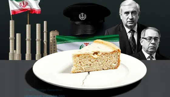 A symbolic image representing Iran's reconstruction, military dismissals, Ben-Gvir's controversy, and a slice (possibly of bread or cake) as a metaphor for sustenance or division, featuring abstract elements like rising architecture, a military uniform being removed, a controversial political figure in the background, and a single slice of food on a cracked plate, all in a somber yet hopeful tone