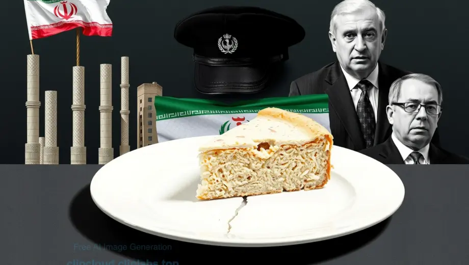 A symbolic image representing Iran's reconstruction, military dismissals, Ben-Gvir's controversy, and a slice (possibly of bread or cake) as a metaphor for sustenance or division, featuring abstract elements like rising architecture, a military uniform being removed, a controversial political figure in the background, and a single slice of food on a cracked plate, all in a somber yet hopeful tone