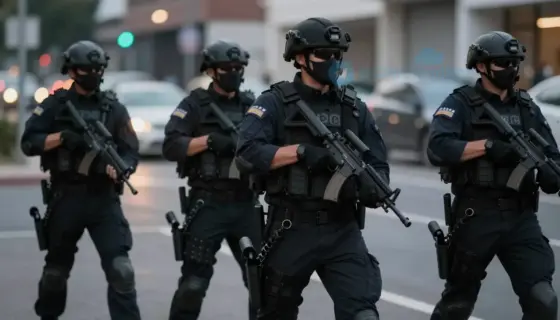 A solemn scene depicting counter-terrorism operations: a team of security personnel in tactical gear conducting a coordinated arrest in an urban environment at dusk, with blurred city lights in the background, focused on professionalism and vigilance, no visible weapons pointed at civilians, emphasizing safety and lawful procedure