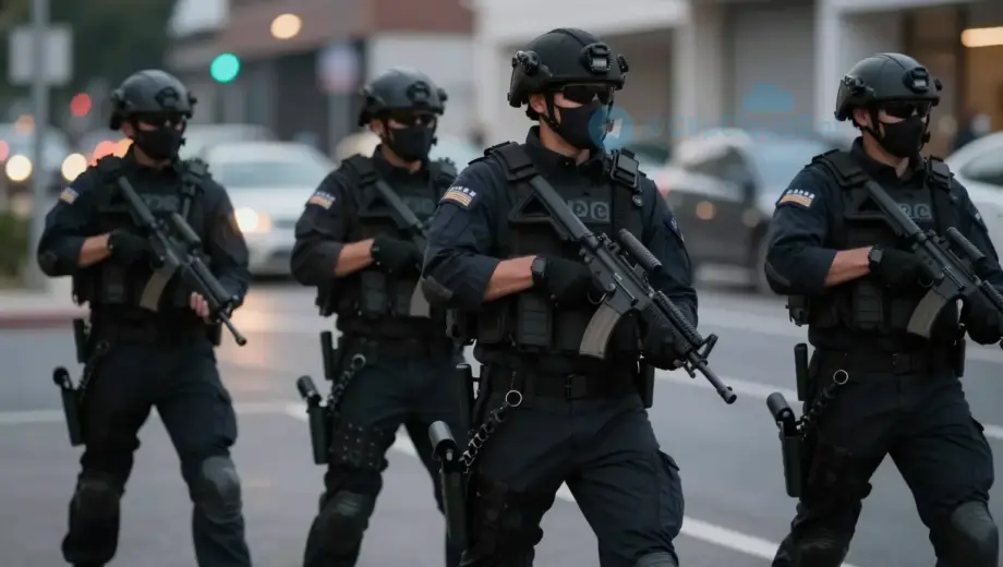 A solemn scene depicting counter-terrorism operations: a team of security personnel in tactical gear conducting a coordinated arrest in an urban environment at dusk, with blurred city lights in the background, focused on professionalism and vigilance, no visible weapons pointed at civilians, emphasizing safety and lawful procedure