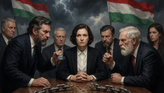 A dramatic scene depicting a political attack on a Hungarian financial figure, with menacing figures surrounding a central person in formal attire, tense atmosphere, symbolic elements like broken chains or stormy skies, representing political threats and financial vulnerability