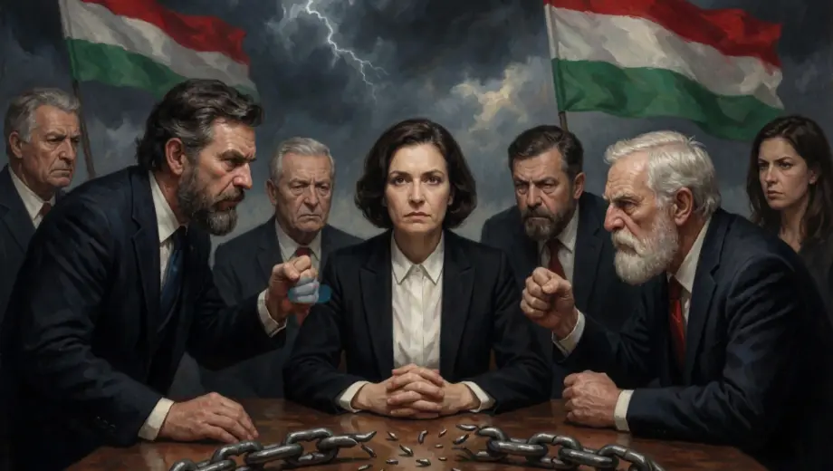 A dramatic scene depicting a political attack on a Hungarian financial figure, with menacing figures surrounding a central person in formal attire, tense atmosphere, symbolic elements like broken chains or stormy skies, representing political threats and financial vulnerability
