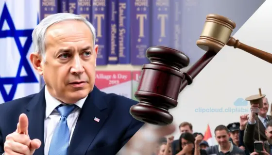 A symbolic image representing Israeli Prime Minister Benjamin Netanyahu making a promise, with hidden books in the background, a courtroom gavel symbolizing a judicial decision, and a public debate or protest scene with diverse citizens expressing opposing views, all in a serious and politically charged atmosphere