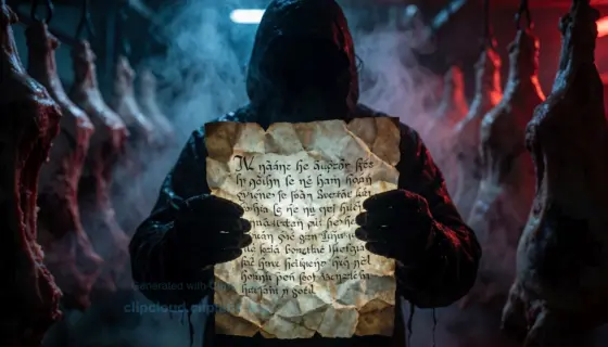 A mysterious, shadowy figure in a dimly lit slaughterhouse corridor, holding a crumpled, glowing parchment with ancient Hungarian script, faint light emanating from the text, steam rising from nearby meat hooks, cold blue and deep red ambient lighting, tense and ominous atmosphere, cinematic composition, no visible faces, focus on the glowing message and the figure's tense posture