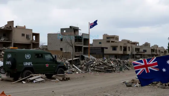 A somber scene depicting a damaged urban area in Lebanon with visible signs of conflict, including rubble and damaged buildings, with a UNIFIL peacekeeping vehicle marked with UN insignia stationed nearby, and in the background, a subtle representation of the Australian flag being lowered or withdrawn, symbolizing Australia's retreat from involvement, all under a heavy, overcast sky conveying tension and solemnity