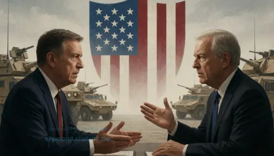 A symbolic representation of global powers discussing war, with a fading American shield and military vehicles in the background, conveying tension and strategic uncertainty, muted colors, dramatic lighting, no text or logos