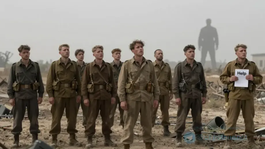 A group of exhausted, disheveled soldiers in tattered military uniforms, standing in a barren, war-torn landscape under a pale, overcast sky, their faces showing despair and pleading expressions as they look toward a distant, faint silhouette of a figure resembling a Western political leader (avoiding specific likeness to any real person) holding a document labeled 'Help' in a symbolic gesture of appeal, with broken weapons and abandoned equipment scattered in the foreground, muted earth tones w