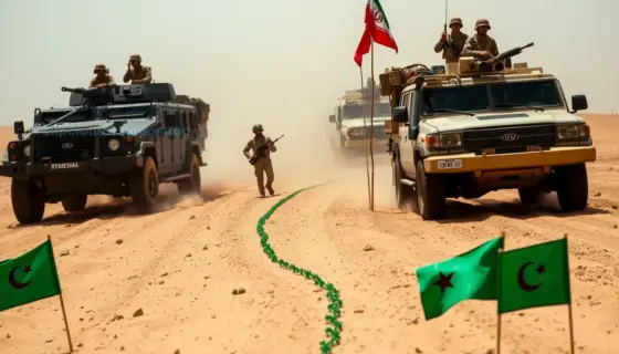 A tense military scene showing unexpected exercises, with Iran providing a green path or support to Hezbollah, featuring armored vehicles, troops in desert terrain, and symbolic green flags or markers indicating a route, under a dusty sky, conveying geopolitical tension