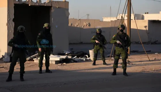 A solemn and dignified scene depicting the aftermath of a counter-terrorism operation, showing Israeli security personnel in tactical gear standing guard near a damaged structure with subtle signs of recent activity, soft morning light casting long shadows, emphasizing resolution and vigilance without showing violence, weapons, or explicit details