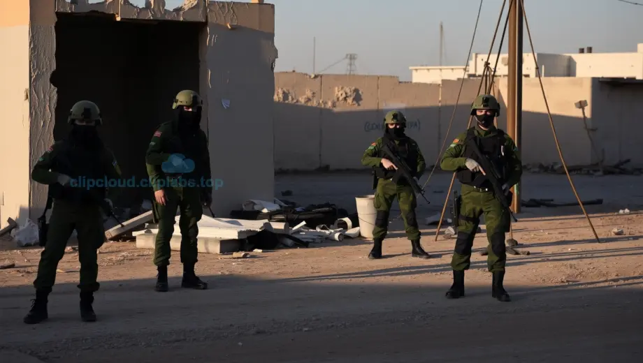 A solemn and dignified scene depicting the aftermath of a counter-terrorism operation, showing Israeli security personnel in tactical gear standing guard near a damaged structure with subtle signs of recent activity, soft morning light casting long shadows, emphasizing resolution and vigilance without showing violence, weapons, or explicit details
