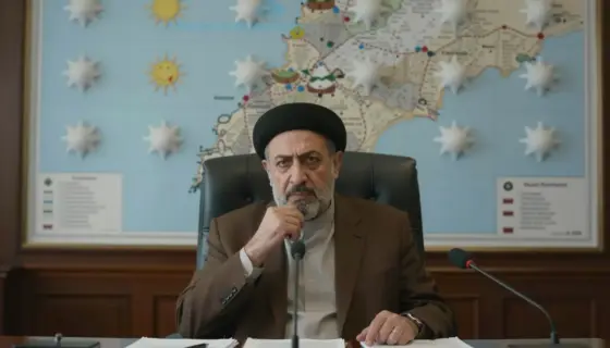 A solemn scene depicting a Middle Eastern political figure in a dimly lit office, surrounded by maps of Lebanon and winter weather symbols, conveying tension and strategic contemplation, with subtle hints of urgency and geopolitical weight
