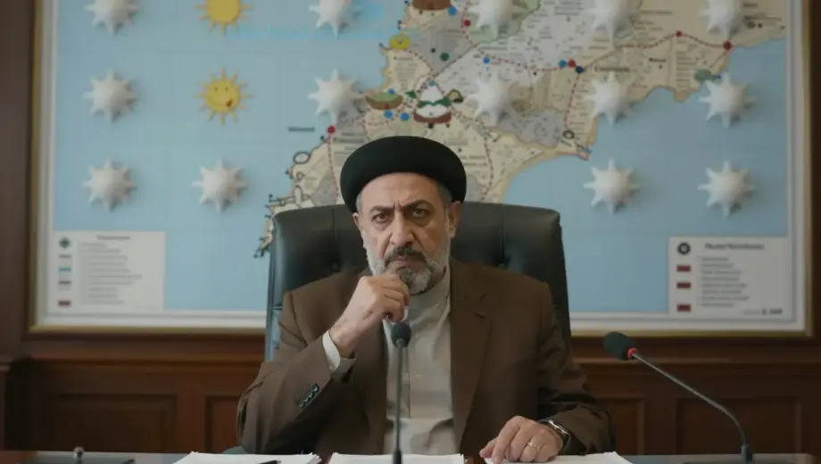 A solemn scene depicting a Middle Eastern political figure in a dimly lit office, surrounded by maps of Lebanon and winter weather symbols, conveying tension and strategic contemplation, with subtle hints of urgency and geopolitical weight