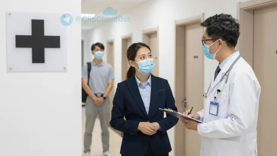 A school hallway with a safety sign showing a cross symbol (like a medical cross or safety cross) on the wall, a teacher and a doctor standing nearby discussing safety measures, students in the background wearing masks and following safety protocols, bright and clean environment, realistic lighting