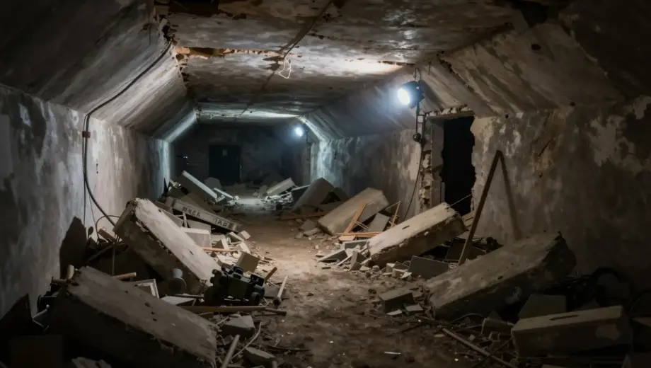 A destroyed underground Hezbollah command center with rubble, collapsed tunnels, and military debris, illuminated by emergency lights, in a dark and tense atmosphere, no visible figures, focusing on the scale of destruction