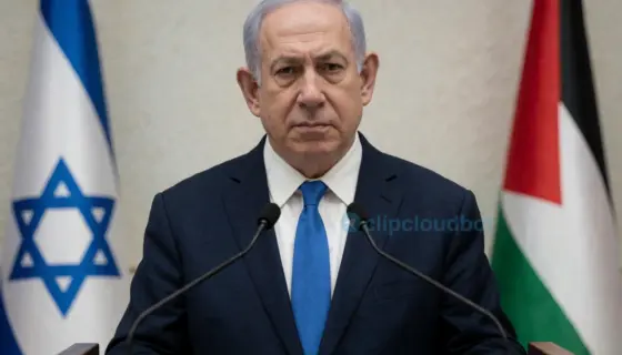 A solemn scene depicting Israeli Prime Minister Benjamin Netanyahu standing at a podium, delivering a strong condemnation of settler violence and attacks against Arab civilians, with subtle Israeli and Palestinian flags in the background, conveying gravity and moral responsibility, realistic lighting, detailed facial expression, modern political setting