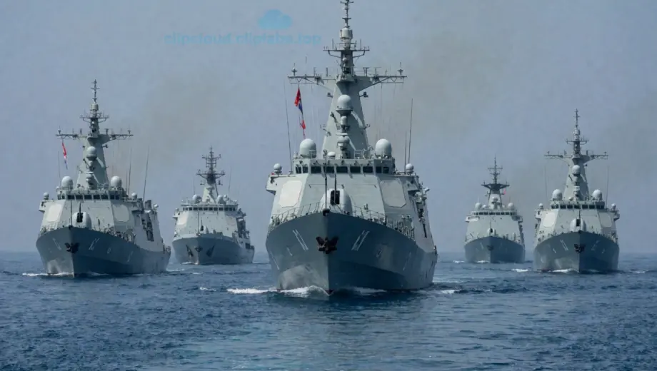 A modern naval fleet preparing for deployment in the Gulf of Gazi, with warships and support vessels arranged in formation on calm blue waters under a clear sky, subtle military insignia visible on hulls, no text or logos, realistic naval atmosphere
