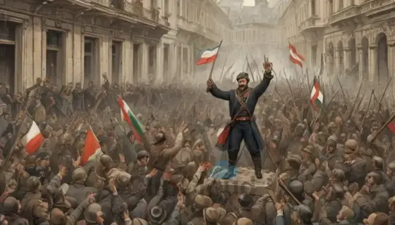 A dramatic historical scene depicting 19th century Hungarian revolutionary unrest, showing a crowd of diverse citizens expressing dissatisfaction, with a prominent figure raising a fist in defiance, set against a backdrop of ornate 1800s architecture and symbolic revolutionary elements like broken chains and a torn flag, rendered in a detailed illustration style with rich textures and historical accuracy